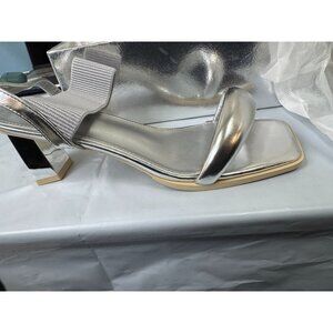Silver Block Heel Sandals With Elastic Strap & Square Toe Design Womens Size 9.5